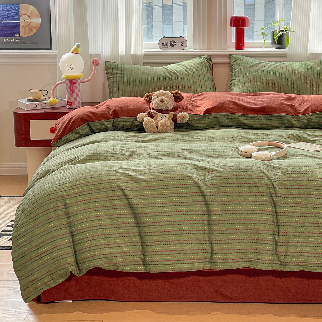 91家纺网 家纺一手货源 找家纺 星禾优选 2025新款云感双层纱四件套-六子棋 六子棋-绿