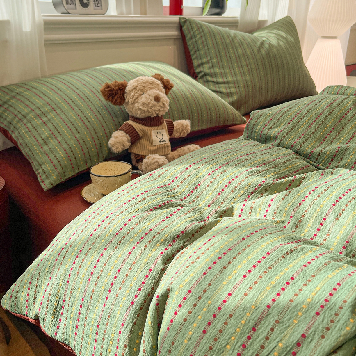 91家纺网 家纺一手货源 找家纺 星禾优选 2025新款云感双层纱四件套-六子棋 六子棋-绿