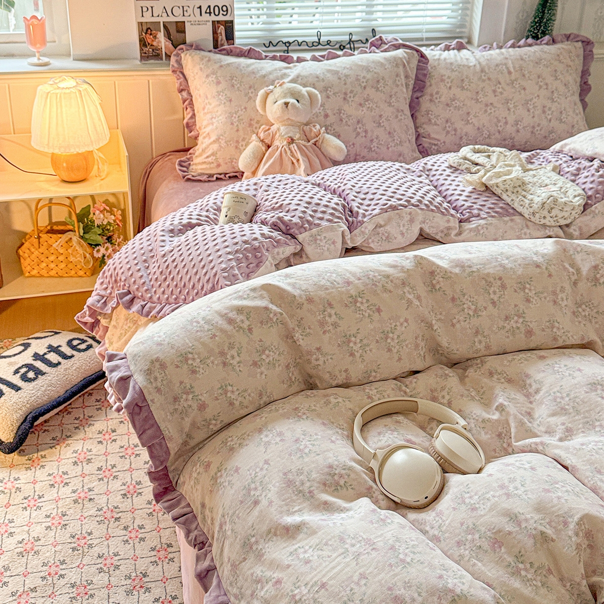 黛馨 2025秋冬新款棉加绒全棉双层纱宝宝绒工艺款花边四件套-花边款 桃夭-花边款