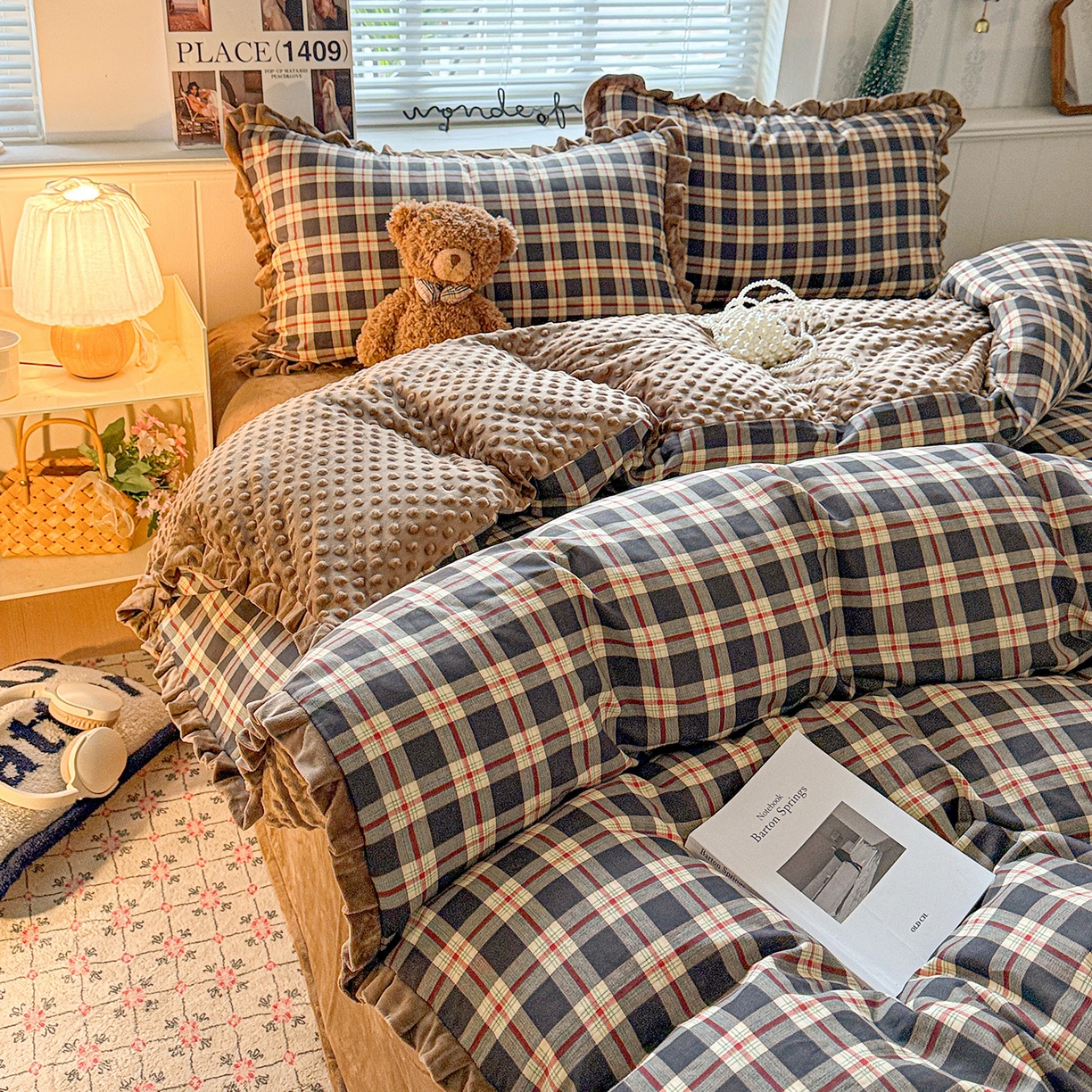 黛馨 2025秋冬新款棉加绒全棉双层纱宝宝绒工艺款花边四件套-花边款 罗格先生-花边款