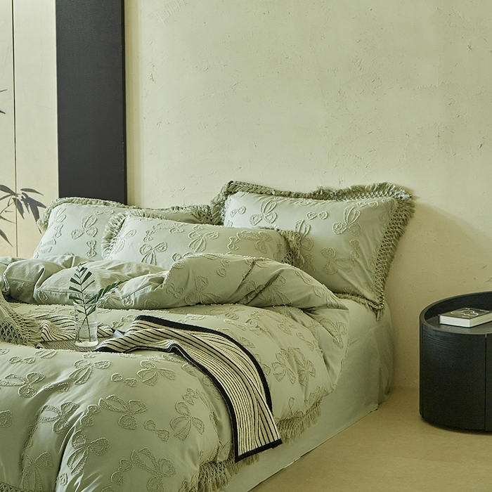 91家纺网 家纺一手货源 找家纺 缘生活 2025新款立体剪花流苏四件套 四季通用-新增花型 剪花蝴蝶结 流苏+抹茶绿