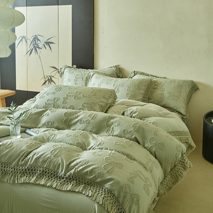 91家纺网 家纺一手货源 找家纺 缘生活 2025新款立体剪花流苏四件套 四季通用-新增花型 剪花蝴蝶结 流苏+抹茶绿