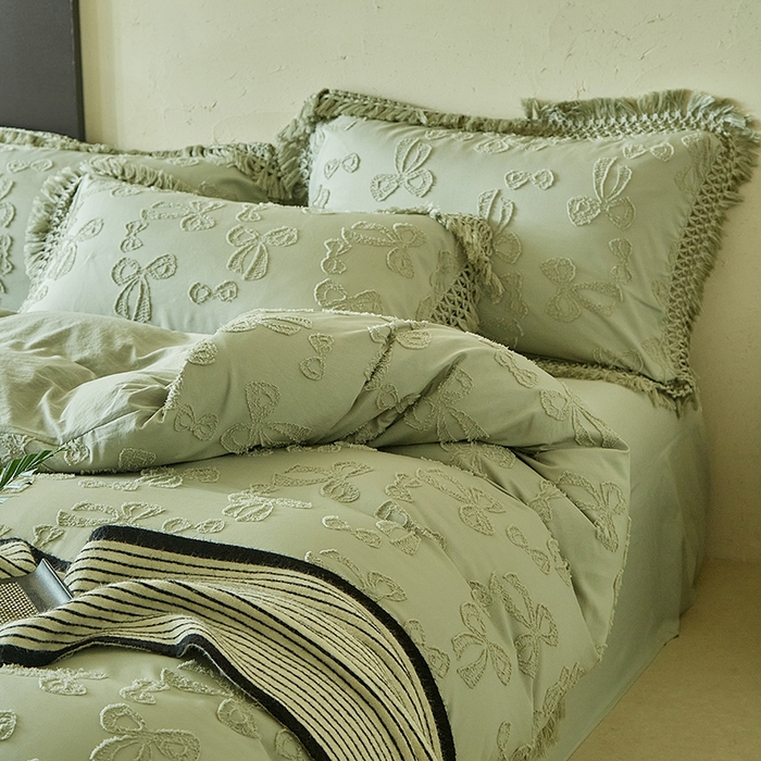 91家纺网 家纺一手货源 找家纺 缘生活 2025新款立体剪花流苏四件套 四季通用-新增花型 剪花蝴蝶结 流苏+抹茶绿