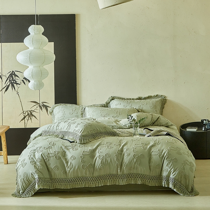 91家纺网 家纺一手货源 找家纺 缘生活 2025新款立体剪花流苏四件套 四季通用-新增花型 剪花蝴蝶结 流苏+抹茶绿