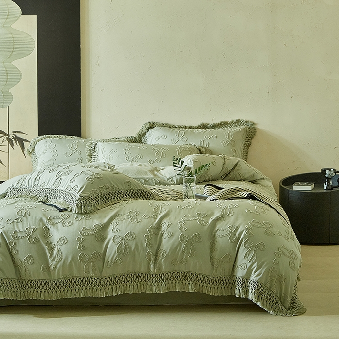 91家纺网 家纺一手货源 找家纺 缘生活 2025新款立体剪花流苏四件套 四季通用-新增花型 剪花蝴蝶结 流苏+抹茶绿