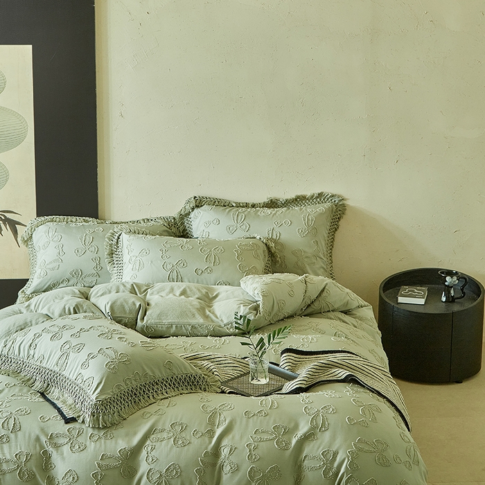 91家纺网 家纺一手货源 找家纺 缘生活 2025新款立体剪花流苏四件套 四季通用-新增花型 剪花蝴蝶结 流苏+抹茶绿