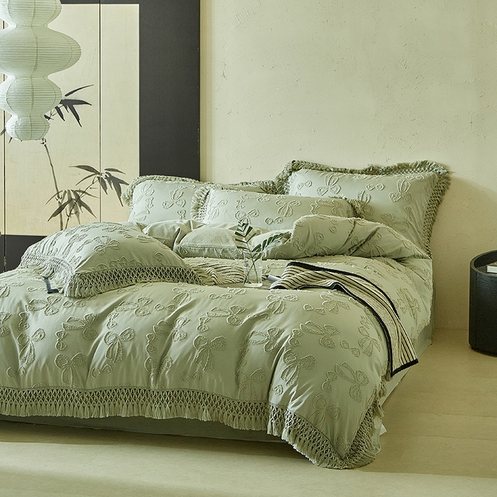 91家纺网 家纺一手货源 找家纺 缘生活 2025新款立体剪花流苏四件套 四季通用-新增花型 剪花蝴蝶结 流苏+抹茶绿