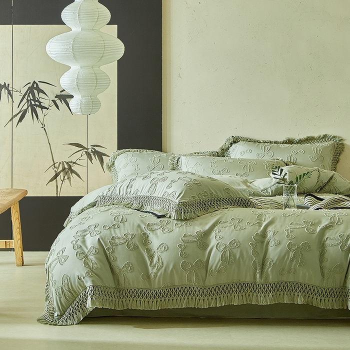 91家纺网 家纺一手货源 找家纺 缘生活 2025新款立体剪花流苏四件套 四季通用-新增花型 剪花蝴蝶结 流苏+抹茶绿