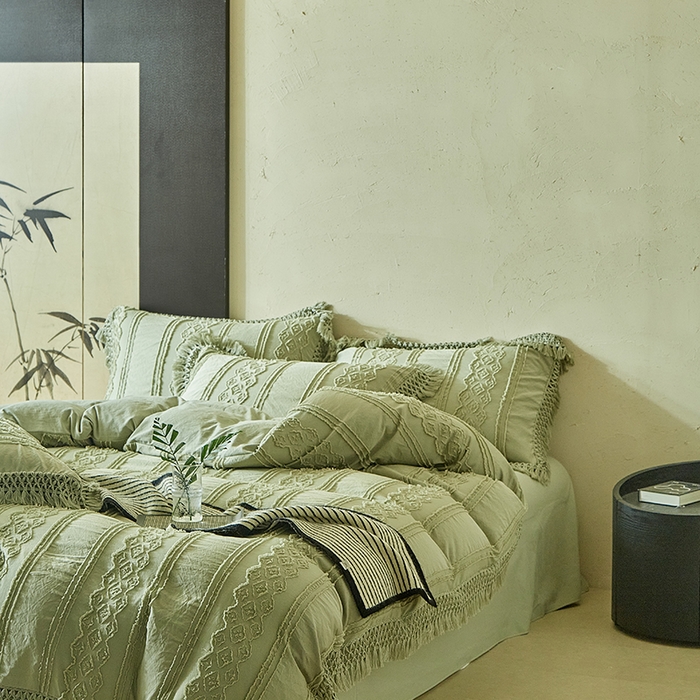 91家纺网 家纺一手货源 找家纺 缘生活 2025新款立体剪花流苏四件套 四季通用-新增花型 剪花巴洛克 流苏+抹茶绿