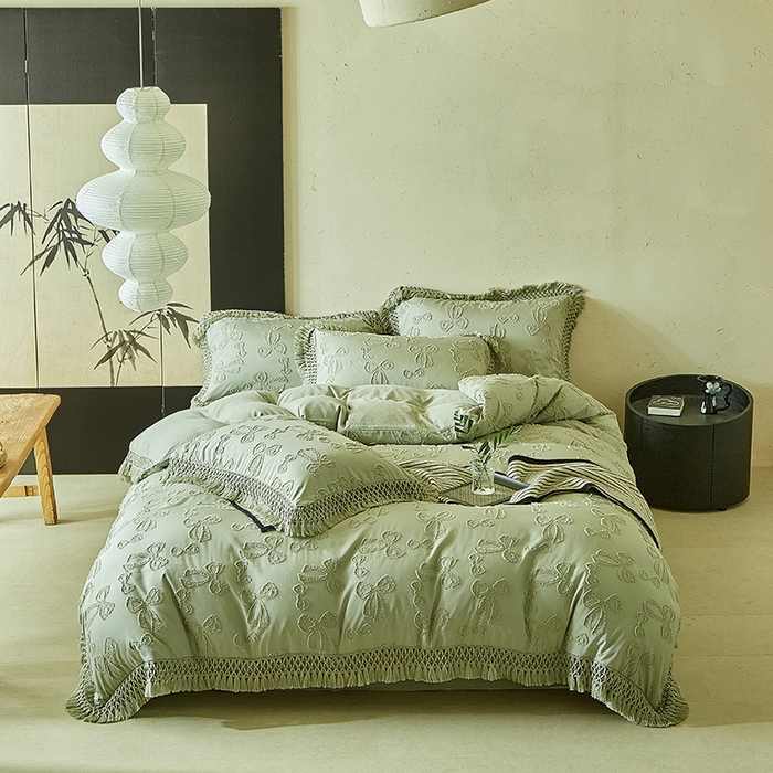 91家纺网 家纺一手货源 找家纺 缘生活 2025新款立体剪花流苏四件套 四季通用-新增花型 剪花蝴蝶结 流苏+抹茶绿