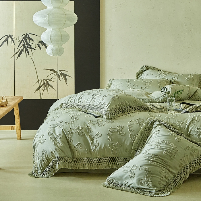 91家纺网 家纺一手货源 找家纺 缘生活 2025新款立体剪花流苏四件套 四季通用-新增花型 剪花蝴蝶结 流苏+抹茶绿