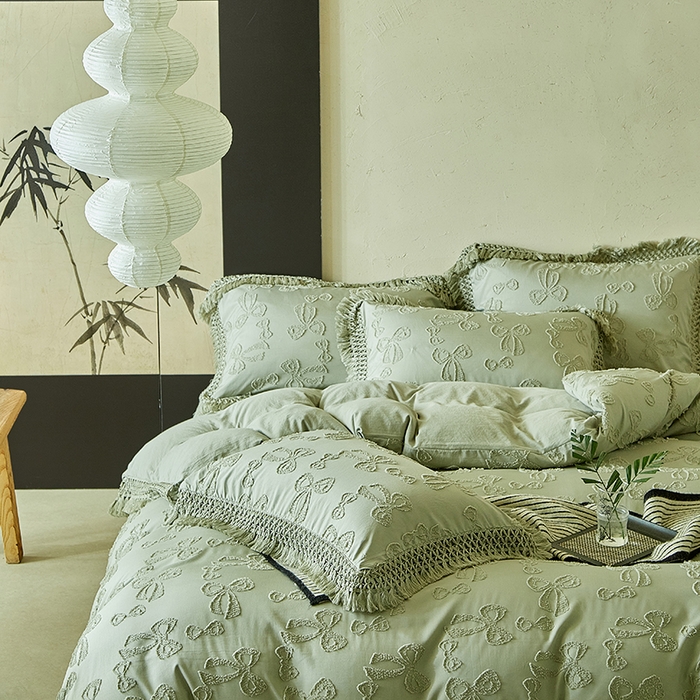 91家纺网 家纺一手货源 找家纺 缘生活 2025新款立体剪花流苏四件套 四季通用-新增花型 剪花蝴蝶结 流苏+抹茶绿