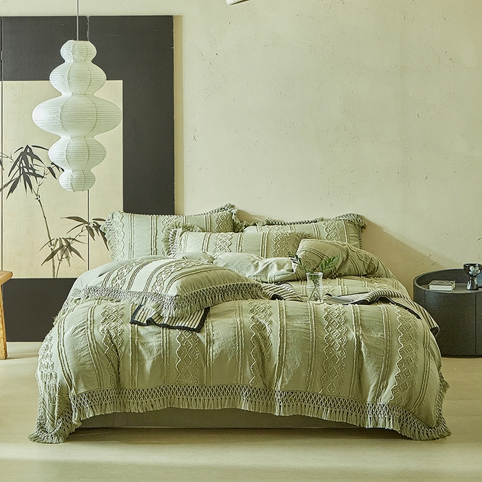 91家纺网 家纺一手货源 找家纺 缘生活 2025新款立体剪花流苏四件套 四季通用-新增花型 剪花巴洛克 流苏+抹茶绿