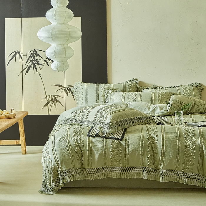 91家纺网 家纺一手货源 找家纺 缘生活 2025新款立体剪花流苏四件套 四季通用-新增花型 剪花巴洛克 流苏+抹茶绿