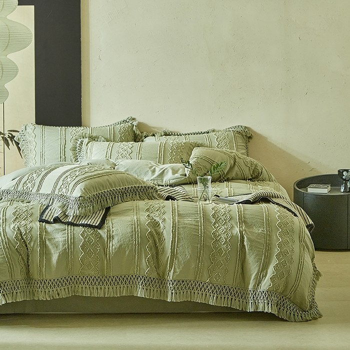 91家纺网 家纺一手货源 找家纺 缘生活 2025新款立体剪花流苏四件套 四季通用-新增花型 剪花巴洛克 流苏+抹茶绿