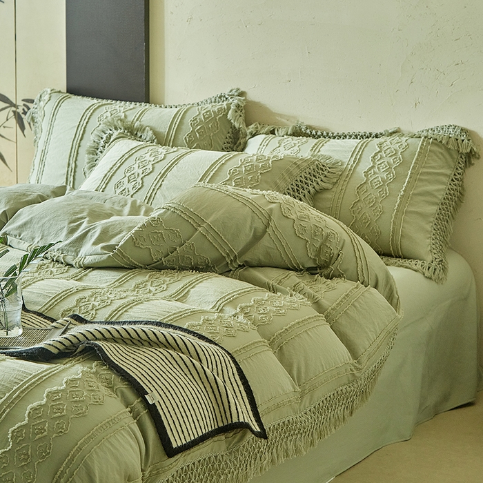 91家纺网 家纺一手货源 找家纺 缘生活 2025新款立体剪花流苏四件套 四季通用-新增花型 剪花巴洛克 流苏+抹茶绿