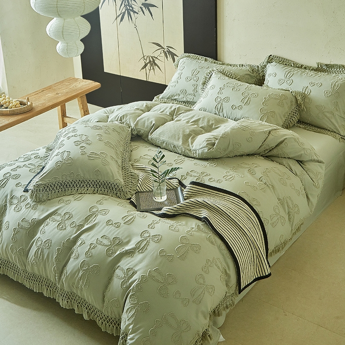 91家纺网 家纺一手货源 找家纺 缘生活 2025新款立体剪花流苏四件套 四季通用-新增花型 剪花蝴蝶结 流苏+抹茶绿