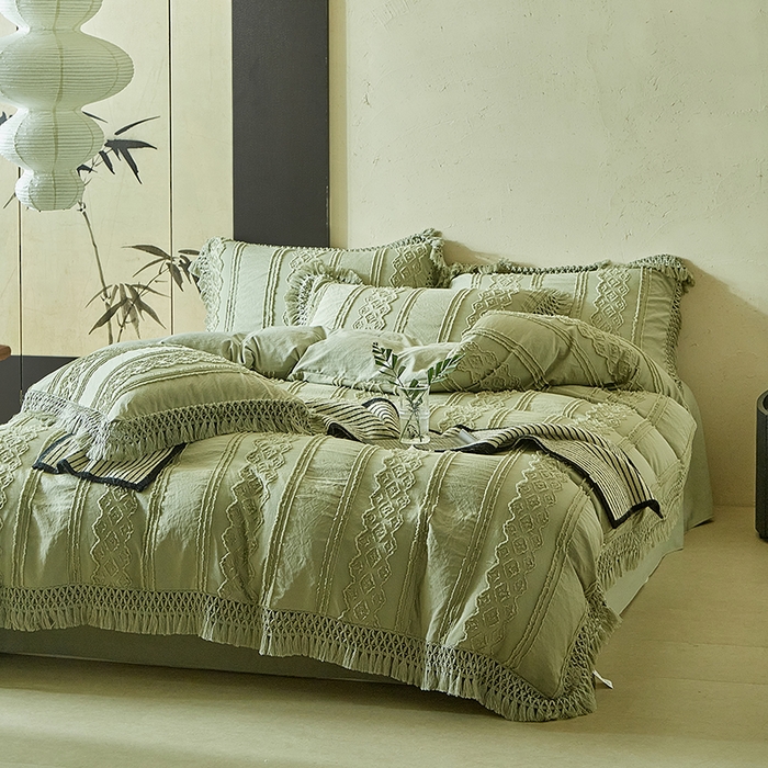 91家纺网 家纺一手货源 找家纺 缘生活 2025新款立体剪花流苏四件套 四季通用-新增花型 剪花巴洛克 流苏+抹茶绿