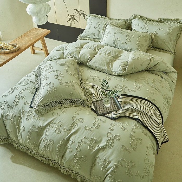 91家纺网 家纺一手货源 找家纺 缘生活 2025新款立体剪花流苏四件套 四季通用-新增花型 剪花蝴蝶结 流苏+抹茶绿