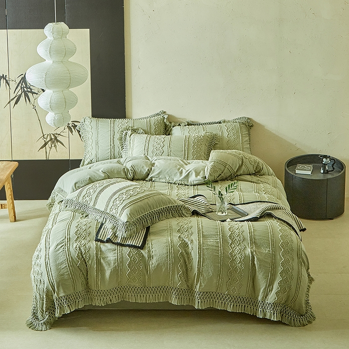 91家纺网 家纺一手货源 找家纺 缘生活 2025新款立体剪花流苏四件套 四季通用-新增花型 剪花巴洛克 流苏+抹茶绿