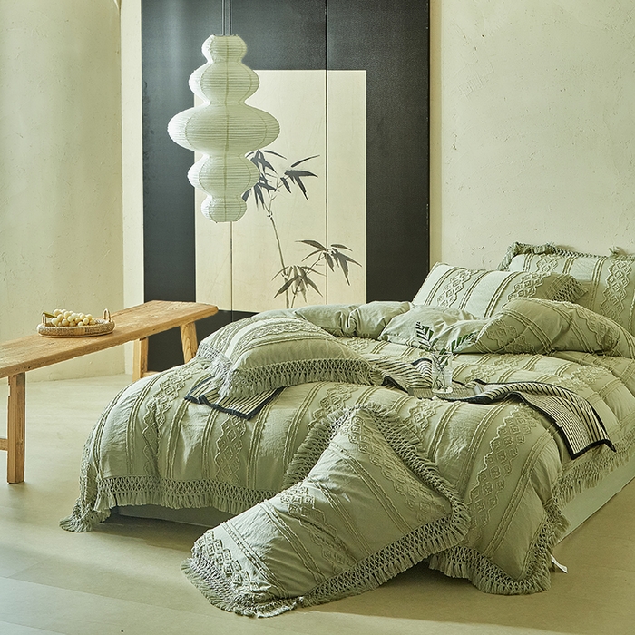 91家纺网 家纺一手货源 找家纺 缘生活 2025新款立体剪花流苏四件套 四季通用-新增花型 剪花巴洛克 流苏+抹茶绿