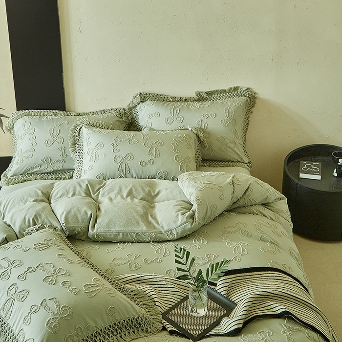 91家纺网 家纺一手货源 找家纺 缘生活 2025新款立体剪花流苏四件套 四季通用-新增花型 剪花蝴蝶结 流苏+抹茶绿