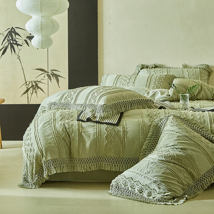 91家纺网 家纺一手货源 找家纺 缘生活 2025新款立体剪花流苏四件套 四季通用-新增花型 剪花巴洛克 流苏+抹茶绿