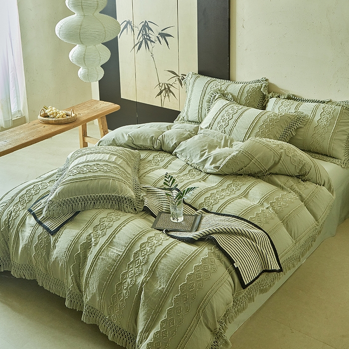 91家纺网 家纺一手货源 找家纺 缘生活 2025新款立体剪花流苏四件套 四季通用-新增花型 剪花巴洛克 流苏+抹茶绿