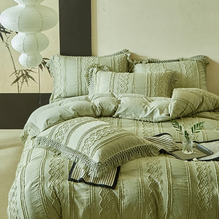 91家纺网 家纺一手货源 找家纺 缘生活 2025新款立体剪花流苏四件套 四季通用-新增花型 剪花巴洛克 流苏+抹茶绿