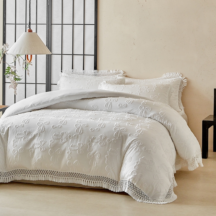 91家纺网 家纺一手货源 找家纺 缘生活 2025新款立体剪花流苏四件套 四季通用-新增花型 剪花蝴蝶结 流苏+白色