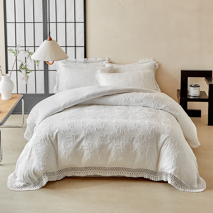 91家纺网 家纺一手货源 找家纺 缘生活 2025新款立体剪花流苏四件套 四季通用-新增花型 剪花蝴蝶结 流苏+白色