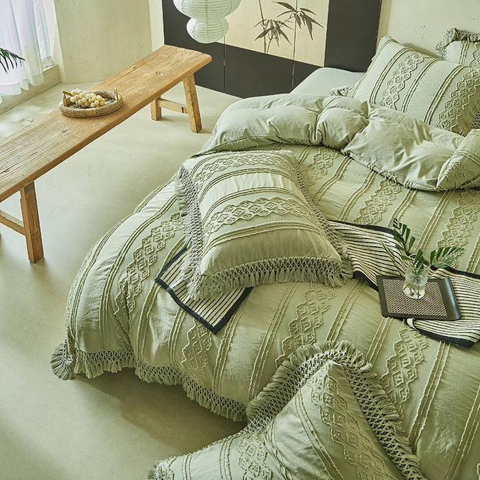 91家纺网 家纺一手货源 找家纺 缘生活 2025新款立体剪花流苏四件套 四季通用-新增花型 剪花巴洛克 流苏+抹茶绿