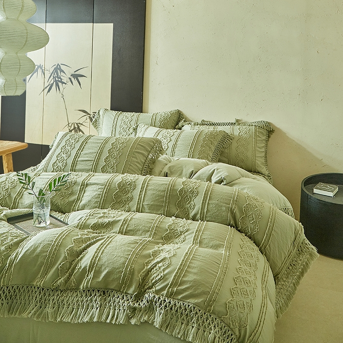 91家纺网 家纺一手货源 找家纺 缘生活 2025新款立体剪花流苏四件套 四季通用-新增花型 剪花巴洛克 流苏+抹茶绿