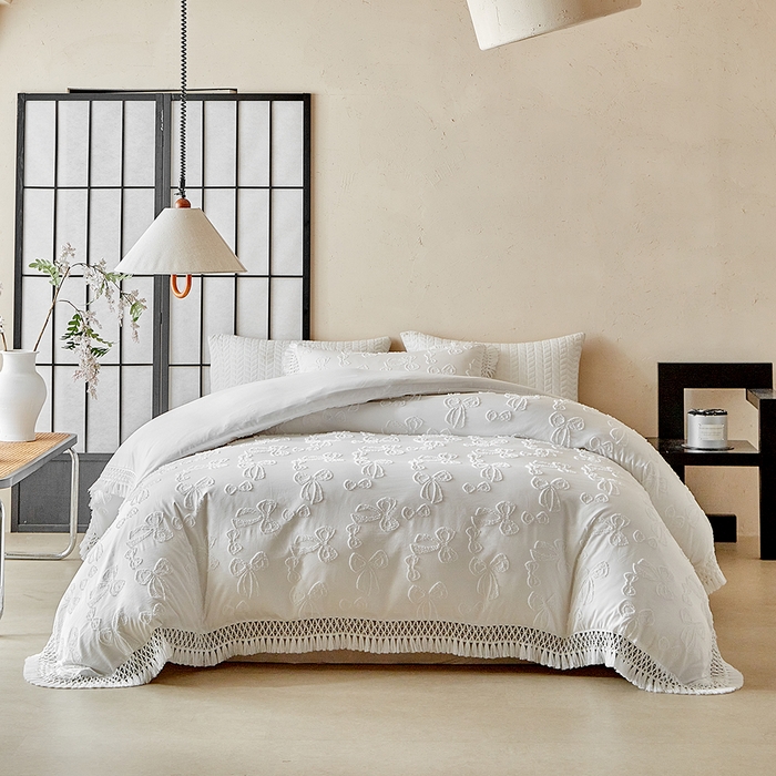 91家纺网 家纺一手货源 找家纺 缘生活 2025新款立体剪花流苏四件套 四季通用-新增花型 剪花蝴蝶结 流苏+白色