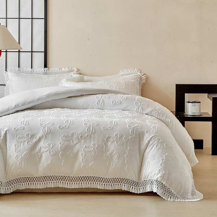 91家纺网 家纺一手货源 找家纺 缘生活 2025新款立体剪花流苏四件套 四季通用-新增花型 剪花蝴蝶结 流苏+白色