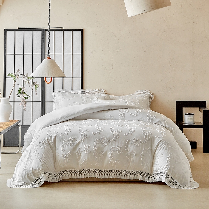 91家纺网 家纺一手货源 找家纺 缘生活 2025新款立体剪花流苏四件套 四季通用-新增花型 剪花蝴蝶结 流苏+白色