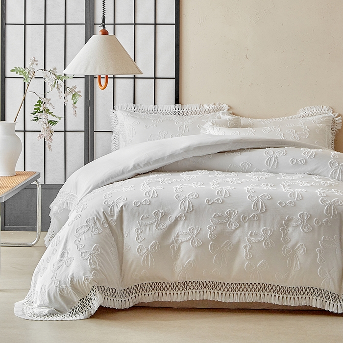 91家纺网 家纺一手货源 找家纺 缘生活 2025新款立体剪花流苏四件套 四季通用-新增花型 剪花蝴蝶结 流苏+白色