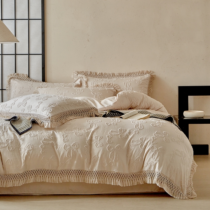 91家纺网 家纺一手货源 找家纺 缘生活 2025新款立体剪花流苏四件套 四季通用-新增花型 剪花蝴蝶结 流苏+卡其