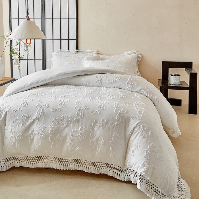 91家纺网 家纺一手货源 找家纺 缘生活 2025新款立体剪花流苏四件套 四季通用-新增花型 剪花蝴蝶结 流苏+白色