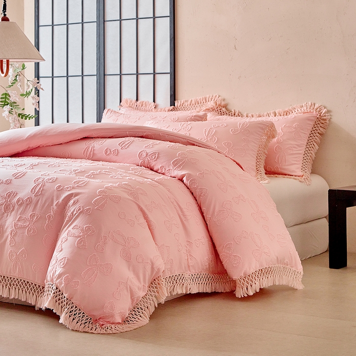 91家纺网 家纺一手货源 找家纺 缘生活 2025新款立体剪花流苏四件套 四季通用-新增花型 剪花蝴蝶结 流苏+粉色