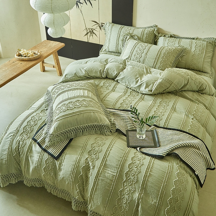 91家纺网 家纺一手货源 找家纺 缘生活 2025新款立体剪花流苏四件套 四季通用-新增花型 剪花巴洛克 流苏+抹茶绿