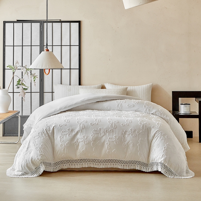 91家纺网 家纺一手货源 找家纺 缘生活 2025新款立体剪花流苏四件套 四季通用-新增花型 剪花蝴蝶结 流苏+白色