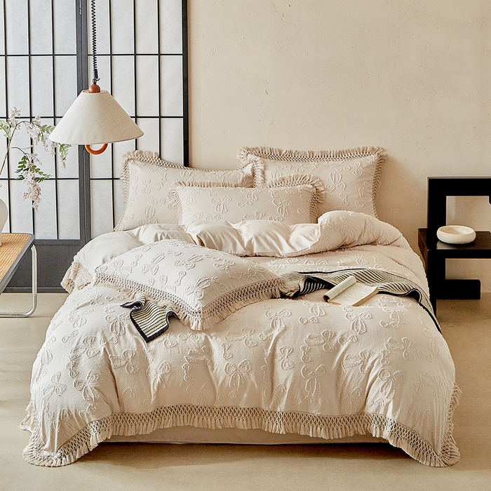 91家纺网 家纺一手货源 找家纺 缘生活 2025新款立体剪花流苏四件套 四季通用-新增花型 剪花蝴蝶结 流苏+卡其