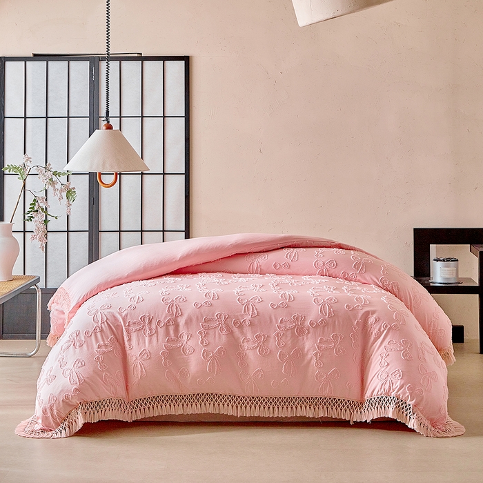 91家纺网 家纺一手货源 找家纺 缘生活 2025新款立体剪花流苏四件套 四季通用-新增花型 剪花蝴蝶结 流苏+粉色