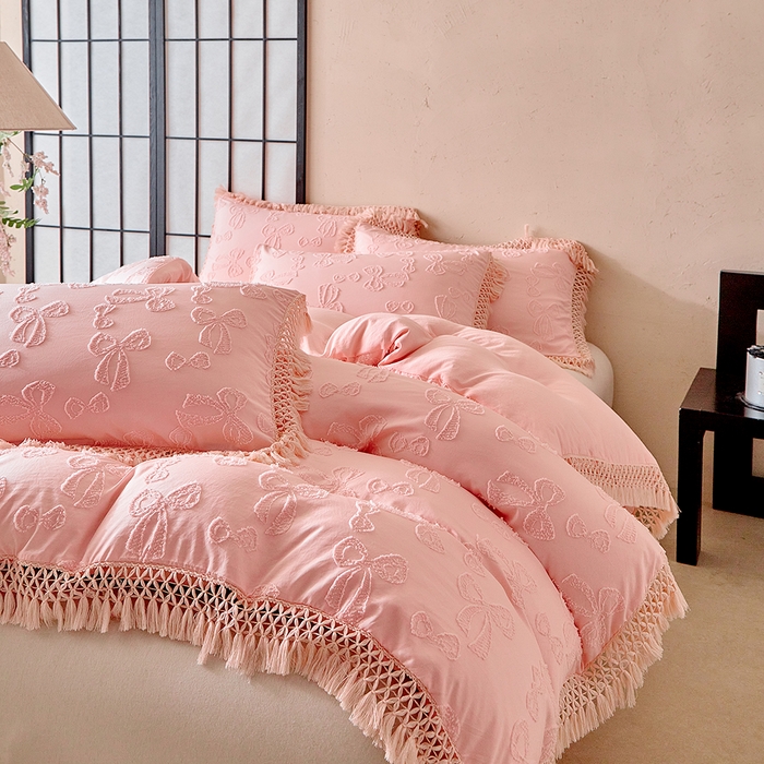 91家纺网 家纺一手货源 找家纺 缘生活 2025新款立体剪花流苏四件套 四季通用-新增花型 剪花蝴蝶结 流苏+粉色