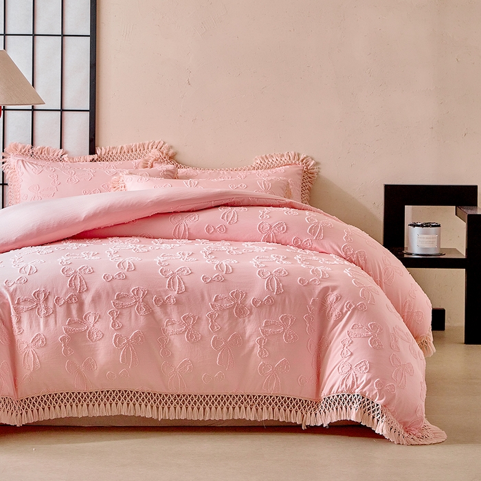 91家纺网 家纺一手货源 找家纺 缘生活 2025新款立体剪花流苏四件套 四季通用-新增花型 剪花蝴蝶结 流苏+粉色