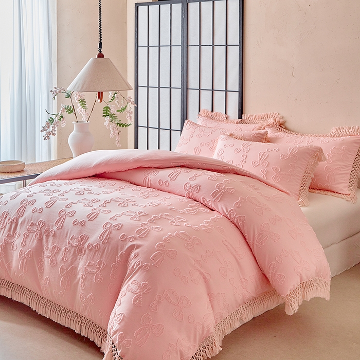 91家纺网 家纺一手货源 找家纺 缘生活 2025新款立体剪花流苏四件套 四季通用-新增花型 剪花蝴蝶结 流苏+粉色