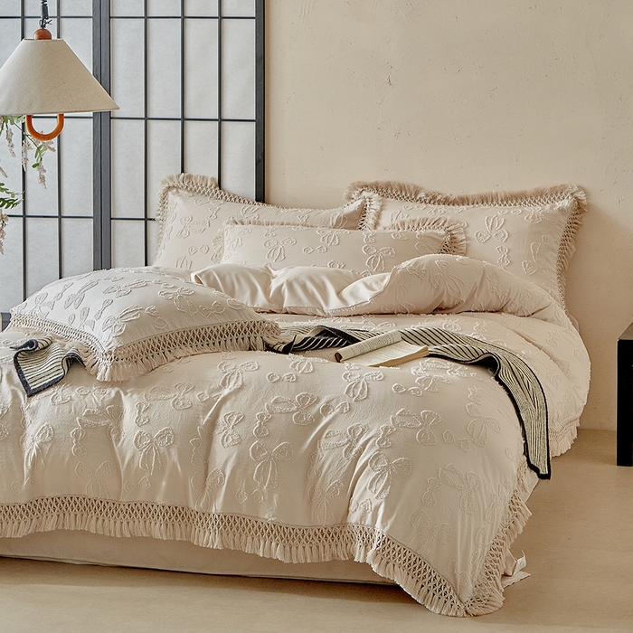 91家纺网 家纺一手货源 找家纺 缘生活 2025新款立体剪花流苏四件套 四季通用-新增花型 剪花蝴蝶结 流苏+卡其