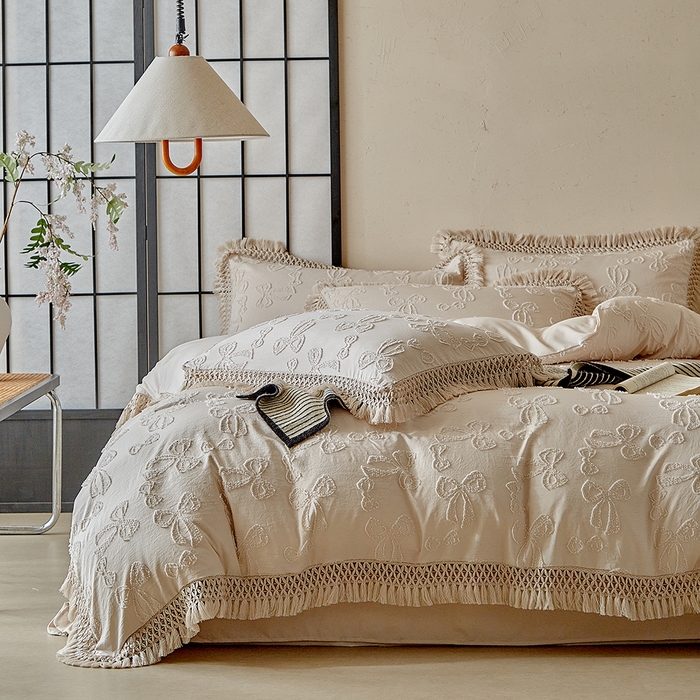 91家纺网 家纺一手货源 找家纺 缘生活 2025新款立体剪花流苏四件套 四季通用-新增花型 剪花蝴蝶结 流苏+卡其