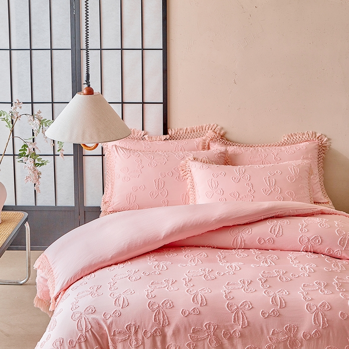 91家纺网 家纺一手货源 找家纺 缘生活 2025新款立体剪花流苏四件套 四季通用-新增花型 剪花蝴蝶结 流苏+粉色